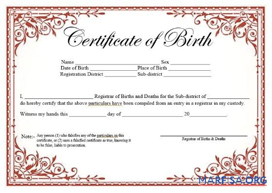 Printable Registrar of Births and Deaths certificate of birth real example